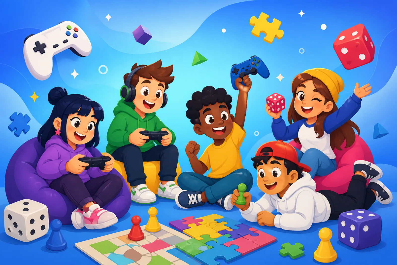 Personnages cartoon jouant avec manette et dés