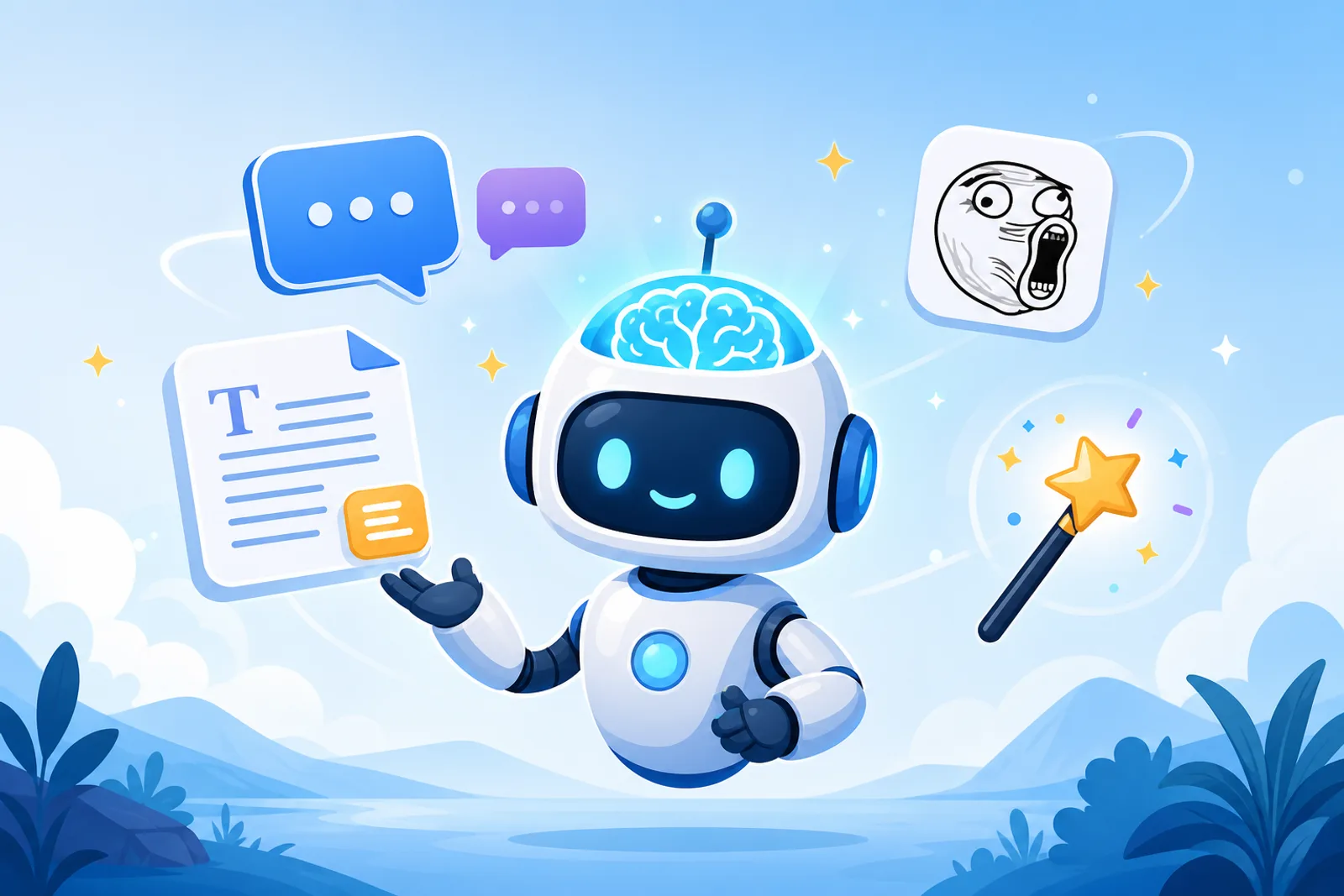 チャットバブル、脳のきらめき、AIアイコン付きのカートゥーンロボットアシスタント