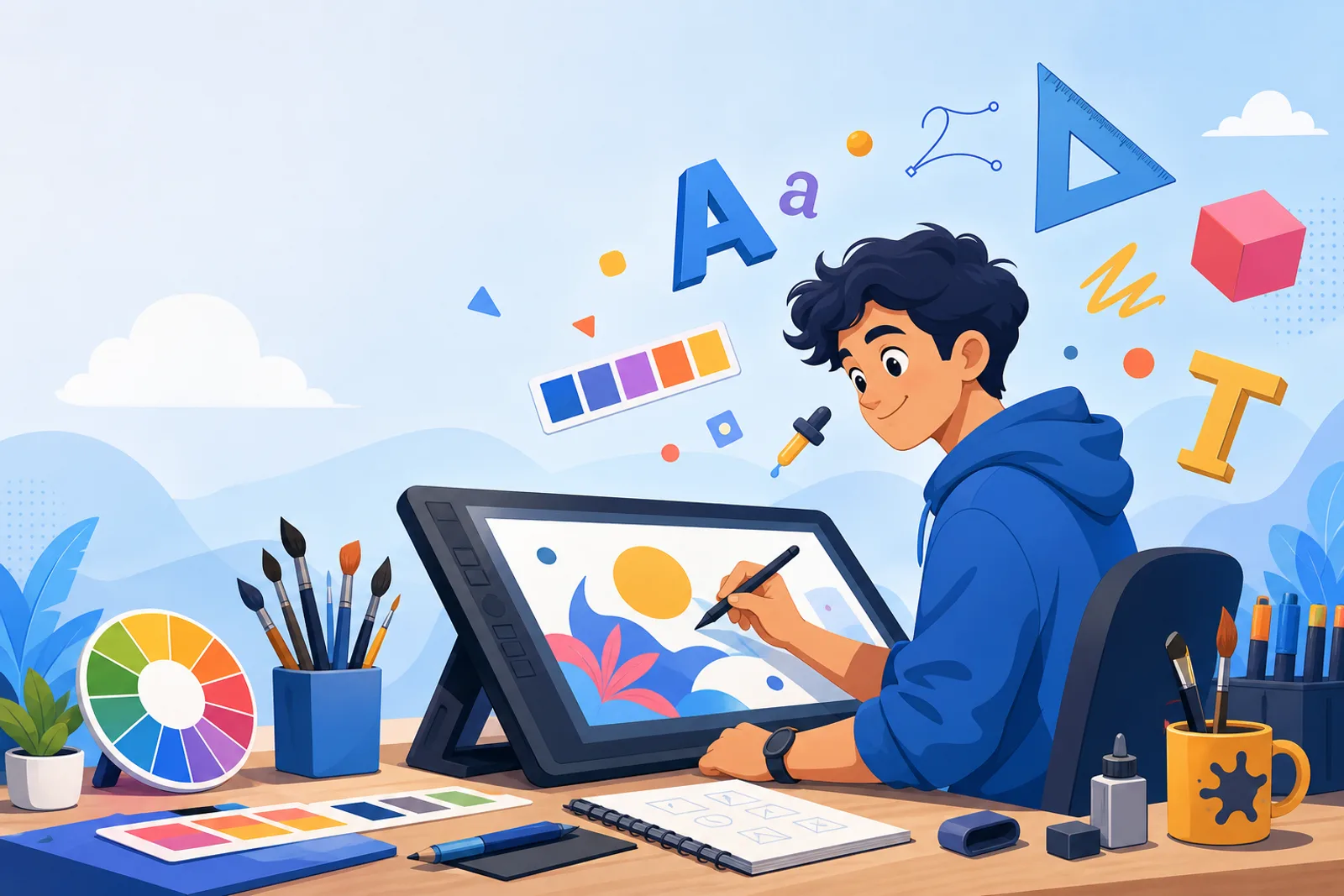Maker cartoon à un bureau créatif avec tablette, palette et outils de design