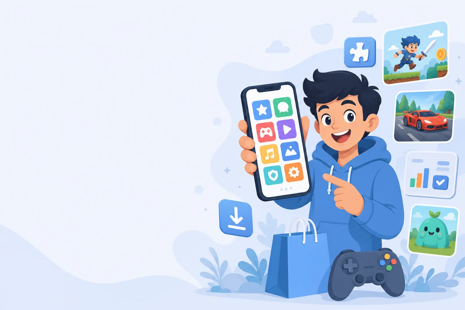 Cartoon character browsing mobile apps with phone and app icons