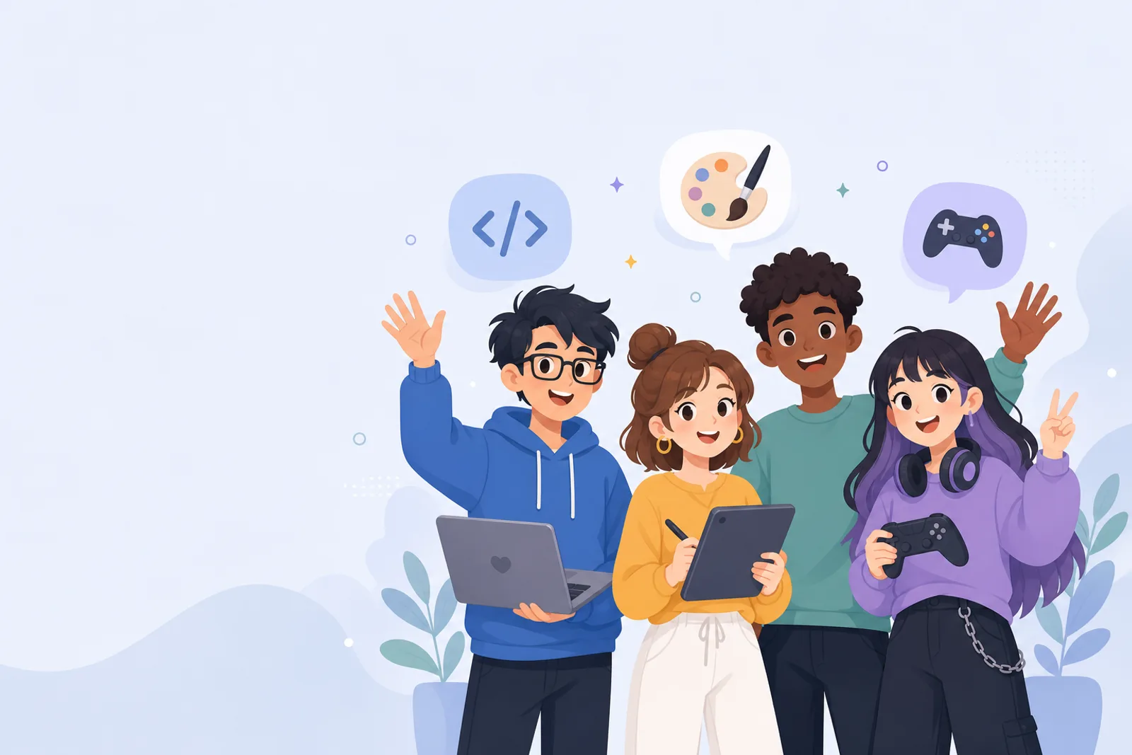 Cartoon team of developers, designers, and makers waving together