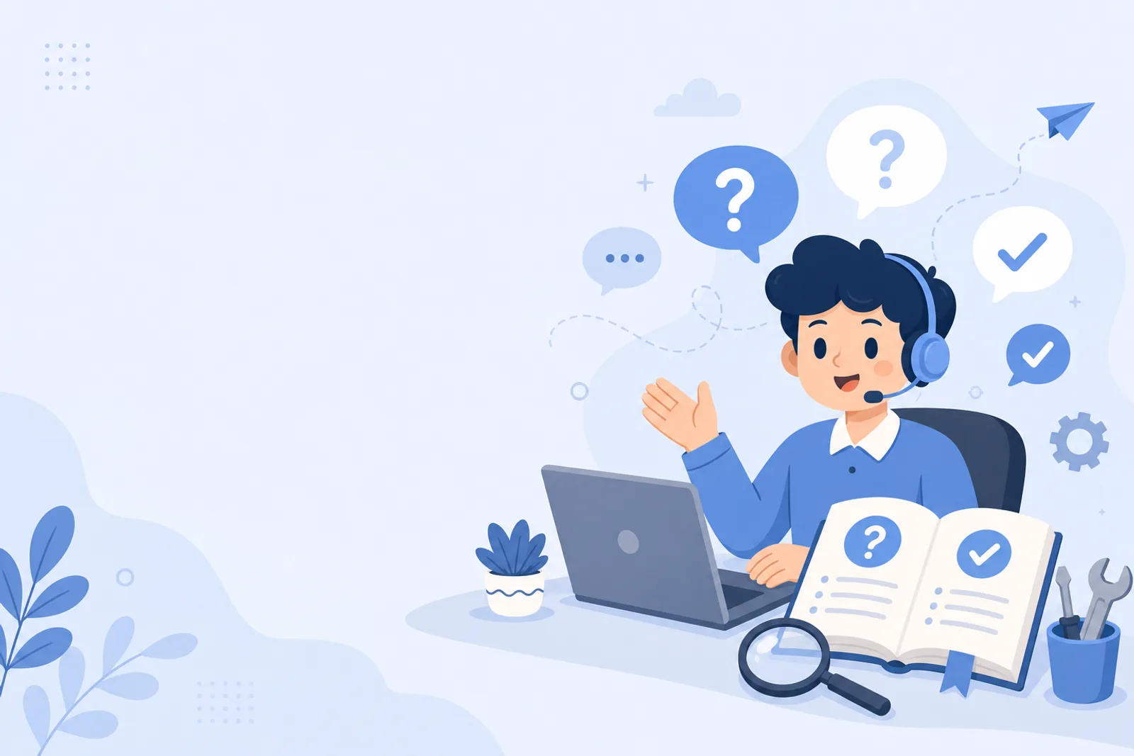 FAQ Cartoon help desk with FAQ bubbles and question marks