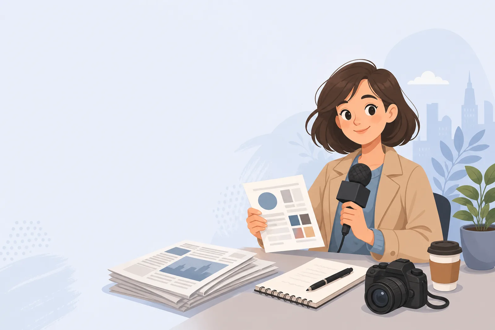 Cartoon press and media kit scene